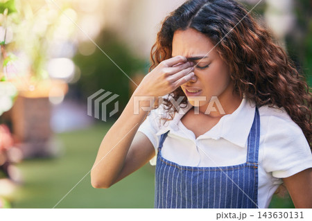 Girl, gardener and tired outdoor with stress of burnout for overworked, fatigue and headache of mental exhaustion. Female florist, work pressure and overwhelmed of inventory management and working. 143630131