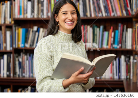 Girl, college student and books in library for portrait with smile for education, development or study at campus. Woman, person and happy for research, course and reading for knowledge at university Girl, college student and books in library for portrait with smile for education, development or study at campus. Woman, person and happy for research, course and reading for knowledge at university 143630160