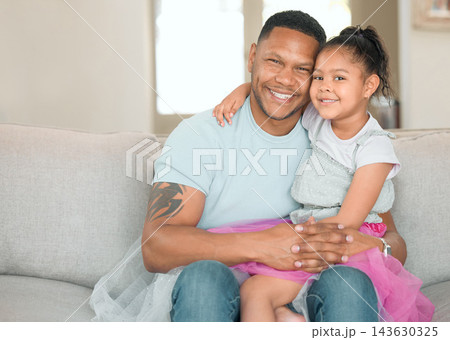 Family, portrait and happy for love, relax and trust in home living room with couch, dad and child. Father, girl and smile as household for bond or support together in house lounge on sofa with skirt Family, portrait and happy for love, relax and trust in home living room with couch, dad and child. Father, girl and smile as household for bond or support together in house lounge on sofa with skirt 143630325