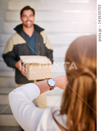 Delivery man, late and customer with time check for box of groceries at front door as courier service. Carrier, delayed and behind schedule with package from logistics company for frustrated woman 143630705