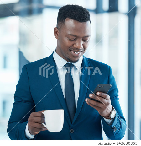 Corporate, coffee and black man with mobile for internet research, work break and online news app in office. African guy, tea and smartphone notification for stock exchange with business investment 143630865