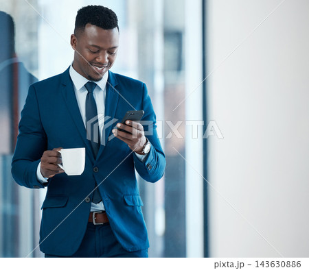 Corporate, coffee and black man with phone for internet research, work break and online news app in office. African guy, latte and mobile notification for stock exchange with business investment Corporate, coffee and black man with phone for internet research, work break and online news app in office. African guy, latte and mobile notification for stock exchange with business investment 143630886