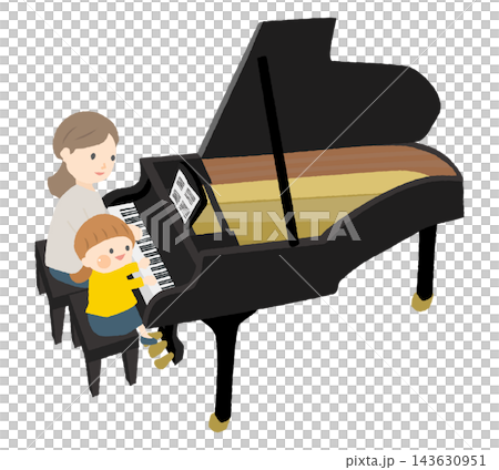 ピアノを弾く女性と子供のベクターイラスト 143630951