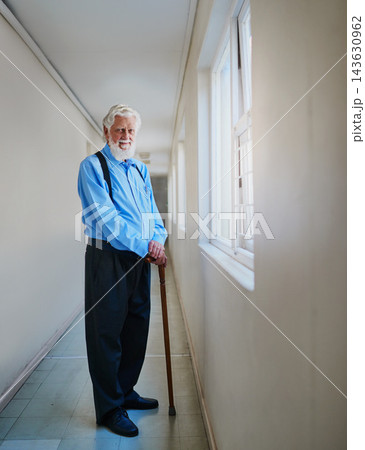 Nursing home, smile and portrait of elderly man with cane for retirement, support and help in mobility. Happy, calm and senior person with disability at hospice for healthcare, recovery and arthritis Nursing home, smile and portrait of elderly man with cane for retirement, support and help in mobility. Happy, calm and senior person with disability at hospice for healthcare, recovery and arthritis 143630962