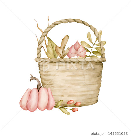 Cute Basket of Autumn Leaves Pumpkin Berry. Watercolor hand drawn floral food illustration isolated on white background for farm garden design fall home kitchen textile cozy print crockery cottagecore Cute Basket of Autumn Leaves Pumpkin Berry. Watercolor hand drawn floral food illustration isolated on white background for farm garden design fall home kitchen textile cozy print crockery cottagecore 143631038
