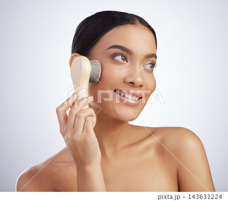 Skincare, face and woman with exfoliating brush in studio for wellness, shine and dermatology treatment on white background. Beauty, glow and model with scrub tool for facial, cleaning or cosmetics Skincare, face and woman with exfoliating brush in studio for wellness, shine and dermatology treatment on white background. Beauty, glow and model with scrub tool for facial, cleaning or cosmetics 143631224