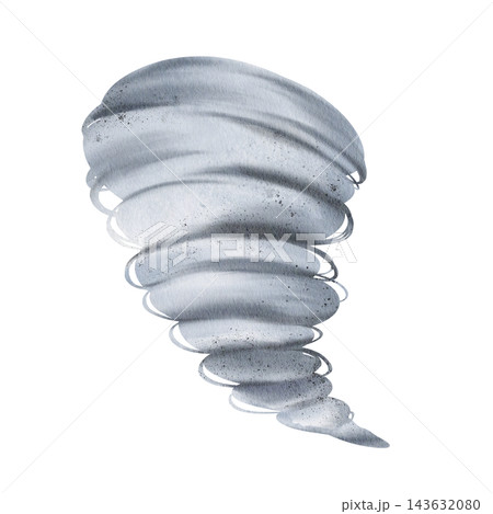 Hand painted watercolor tornado funnel in swirling grey and bluish grey tones, dramatic stormy weather illustration isolated on white background, for forecast, posters, cards and educational design. 143632080