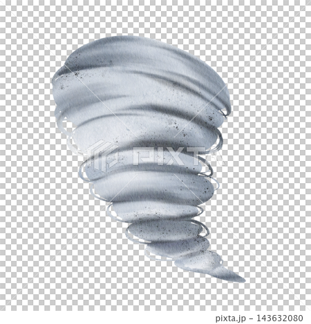 Hand painted watercolor tornado funnel in swirling grey and bluish grey tones, dramatic stormy weather illustration isolated on white background, for forecast, posters, cards and educational design. Hand painted watercolor tornado funnel in swirling grey and bluish grey tones, dramatic stormy weather illustration isolated on white background, for forecast, posters, cards and educational design. 143632080