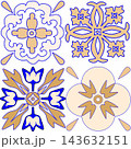 Hand-drawn vector Andalusian tiles pattern. Traditional blue and brown azulejo ceramic ornaments 143632151