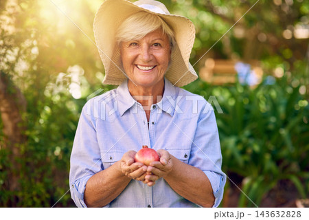 Senior woman, gardening and pomegranate in home backyard with portrait, smile and plant. Hobby, retirement and nursing outdoor with happy elderly botanist for eco friendly sustainable tree and growth Senior woman, gardening and pomegranate in home backyard with portrait, smile and plant. Hobby, retirement and nursing outdoor with happy elderly botanist for eco friendly sustainable tree and growth 143632828