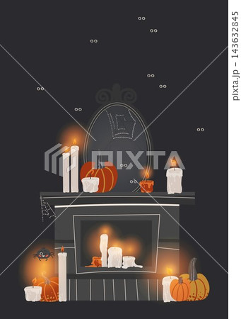 Spooky Halloween fireplace with candles pumpkins mirror spider and web vector illustration 143632845