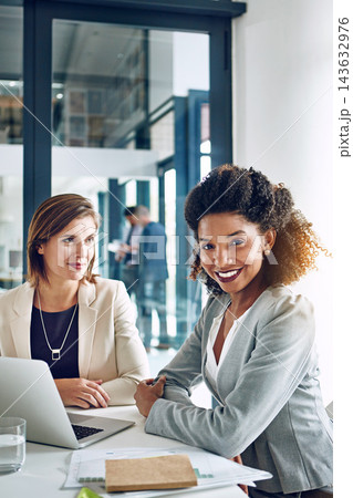 Business, smile and portrait of women together at desk for research, teamwork and laptop with financial advisor. Strategy, confidence and people in meeting for proposal, office planning and support Business, smile and portrait of women together at desk for research, teamwork and laptop with financial advisor. Strategy, confidence and people in meeting for proposal, office planning and support 143632976