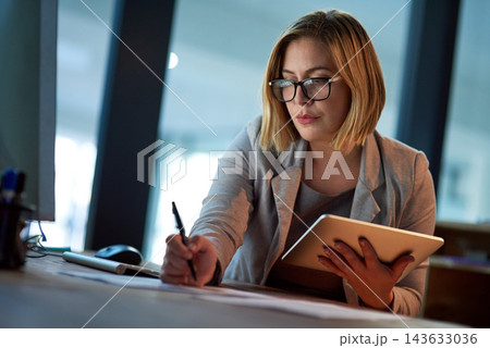 Business, writing and lawyer with tablet, night and planning for legal project, brainstorming and research. Woman, consultant and employee with pc, technology and notebook with idea for case notes 143633036