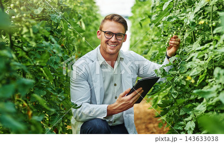 Portrait, man and scientist on farm with tablet for inspection of plant growth, agriculture research and information on eco progress. Smile, medical and greenhouse study for pharmaceutical healthcare Portrait, man and scientist on farm with tablet for inspection of plant growth, agriculture research and information on eco progress. Smile, medical and greenhouse study for pharmaceutical healthcare 143633038