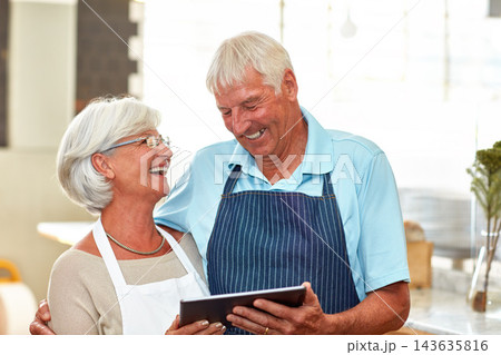 Senior couple, tablet and business owner with laughing, internet and coffee shop with manager. Website, entrepreneur and elderly people with planning and proud from cafe and store with tech and staff Senior couple, tablet and business owner with laughing, internet and coffee shop with manager. Website, entrepreneur and elderly people with planning and proud from cafe and store with tech and staff 143635816