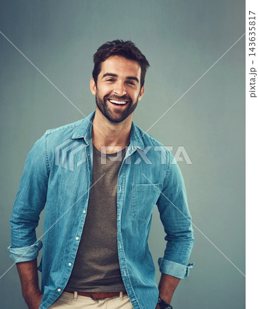 Portrait, happy and man in studio for smile, fashion and casual person on gray background. Denim, minimalism or male person or model, confidence and casual outfit in Canada and ecofriendly clothing 143635817