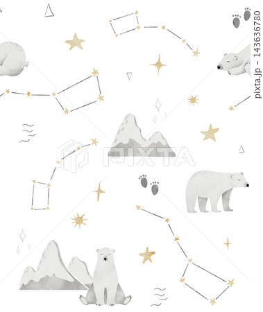 Seamless pattern with polar bear and constellation set of Ursa Minor or Little Dipper and Ursa Major or Great Bear. Watercolor hand painting background with white animal for wrapping paper, fabric Seamless pattern with polar bear and constellation set of Ursa Minor or Little Dipper and Ursa Major or Great Bear. Watercolor hand painting background with white animal for wrapping paper, fabric 143636780