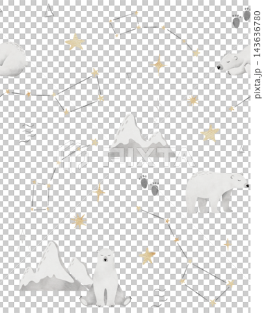 Seamless pattern with polar bear and constellation set of Ursa Minor or Little Dipper and Ursa Major or Great Bear. Watercolor hand painting background with white animal for wrapping paper, fabric 143636780