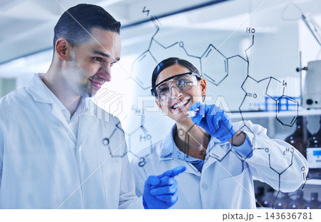 Team, scientist and writing on board for chemistry molecule, research or medical solution innovation in laboratory. Glass, science and happy people drawing formula idea to study atom or brainstorming 143636781