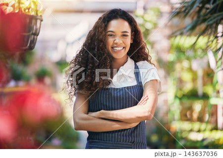 Girl, florist and confident with portrait outdoor for startup, small business and growth of nursery for sustainable retail. Woman, entrepreneur and horticulturist with floral studio with flowers. Girl, florist and confident with portrait outdoor for startup, small business and growth of nursery for sustainable retail. Woman, entrepreneur and horticulturist with floral studio with flowers. 143637036