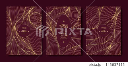 Elegant gold abstract background with geometric patterns, premium lines, refined frame. Art deco wavy gala invitations, VIP event cards, business presentations, posters, flyers, and luxury designs. 143637113