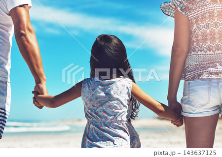Family, parents and girl child on beach with love for holiday, vacation and development together on trip. Man, woman and kid on seashore for bonding, adventure and explore bali water back view Family, parents and girl child on beach with love for holiday, vacation and development together on trip. Man, woman and kid on seashore for bonding, adventure and explore bali water back view 143637125