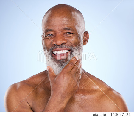 Portrait, beard care and senior black man for grooming isolated on blue background with confidence. Wellness, style and hygiene with treatment or cosmetics in studio with face, clear skin and beauty. Portrait, beard care and senior black man for grooming isolated on blue background with confidence. Wellness, style and hygiene with treatment or cosmetics in studio with face, clear skin and beauty. 143637126