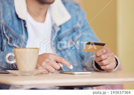 Man, hands and credit card with smartphone in cafe, customer and fintech app for online shopping or ecommerce. Payment, security information and internet banking on mobile, finance and investing Man, hands and credit card with smartphone in cafe, customer and fintech app for online shopping or ecommerce. Payment, security information and internet banking on mobile, finance and investing 143637364