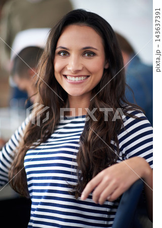 Woman, portrait and smile in office for creative project, meeting and workshop with team. Modern workplace, female worker and casual for career, designer or content creator with happiness for success Woman, portrait and smile in office for creative project, meeting and workshop with team. Modern workplace, female worker and casual for career, designer or content creator with happiness for success 143637391