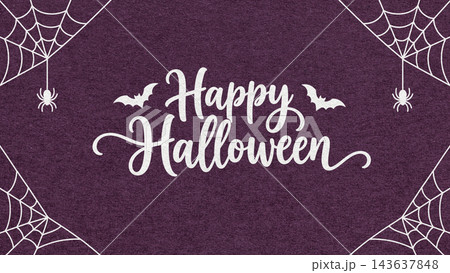 Happy Halloween greeting card with spider webs, hanging spiders and bats on dark purple textured paper background. Spooky banner 143637848