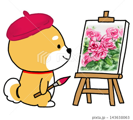 ベレー帽をかぶって美しい花の絵を描いているしばいぬ ベレー帽をかぶって美しい花の絵を描いているしばいぬ 143638063