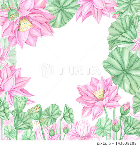 Hand drawn watercolor lotus flowers and leaves frame border, isolated on white background. Can be used for card, invitation, tropical spa design and other printed products Hand drawn watercolor lotus flowers and leaves frame border, isolated on white background. Can be used for card, invitation, tropical spa design and other printed products 143638188
