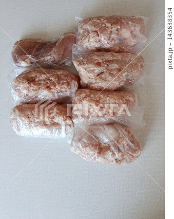 Ground meat and pork loin portions packaged in plastic bags, ready for freezing and meal prepping, showing raw minced meat and raw pork for cooking meals Ground meat and pork loin portions packaged in plastic bags, ready for freezing and meal prepping, showing raw minced meat and raw pork for cooking meals 143638354