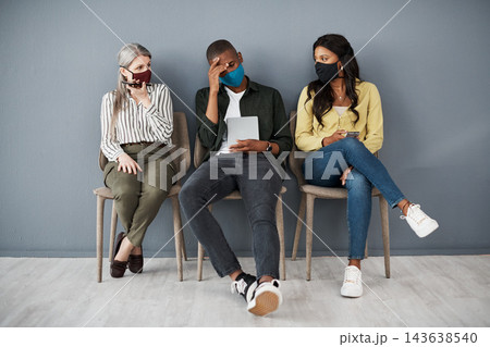 Human resources, job interview and man with headache in waiting room for stress, pain and fatigue. Safety, mask and male person with migraine in fear for hiring, anxiety and outcome of recruitment 143638540