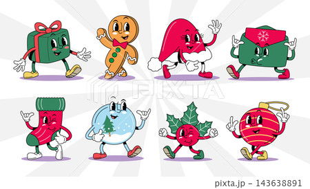 Christmas elements retro 1930s style rubber hose cartoon characters set including gift box, gingerbread man, santa hat, letter, stocking, snowglobe, holly and bauble, Vector illustration. 143638891
