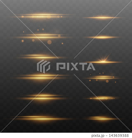 Golden glowing light streaks and lens flares creating luminous design elements on transparent background Golden glowing light streaks and lens flares creating luminous design elements on transparent background 143639388