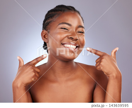 Portrait, black woman and dental hygiene for teeth in studio with cleaning, whitening and gum treatment. Smile, person and mouth for oral care, veneers or healthcare results on purple background 143639595
