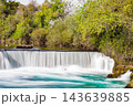 wide waterfall on river, blurred movement of water, long exposure 143639885