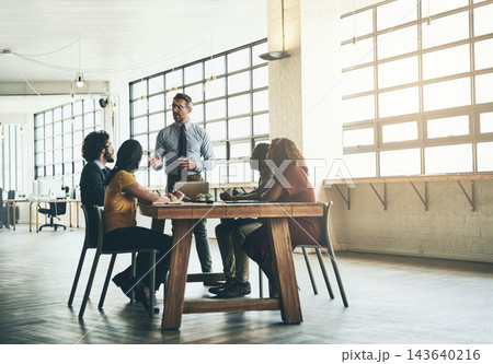 Laptop, people or businessman in presentation for teaching, problem solving or solution in meeting. Leadership, workshop or mentor talking in team training, coaching class or learning opportunity 143640216