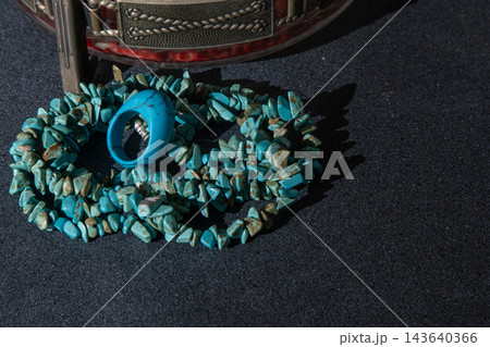 Beads bracelet ring made of turquoise. Jewelry blue color natural materials. Beads bracelet ring made of turquoise. Jewelry blue color natural materials. 143640366