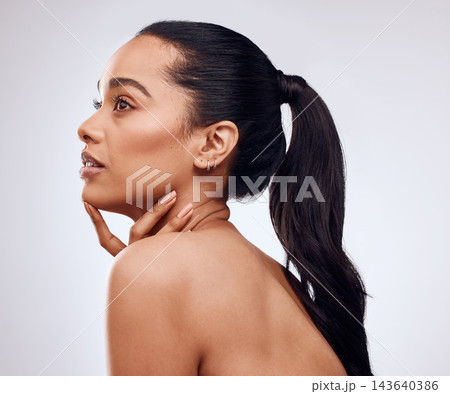 Beauty, thinking and woman in studio for skincare, cosmetics and glowing skin wellness on grey background. Dermatology, idea and profile of Mexican model planning Diy treatment for shine cosmetology 143640386