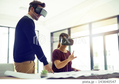 Man, woman and vr in office with collaboration, click or teamwork for futuristic iot with digital transformation. People, augmented reality and glasses for software, test and press 3d ux in metaverse 143640547