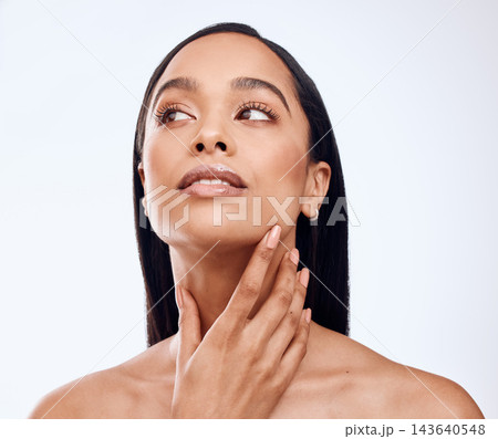 Woman, beauty and face in studio for skincare with glowing, smooth and clear facial. Female model, soft and natural skin after cosmetic treatment, dermatology and self care by white background 143640548
