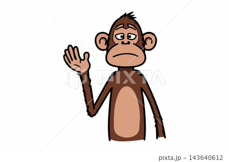 Cartoon Monkey Waving Hand with Sad Expression Isolated on White Background 143640612