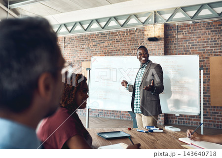 Board, man or speaker in presentation for coaching, SWOT analysis or skill development in meeting. People, business workshop or leader talking in team training, teaching or learning opportunity 143640718