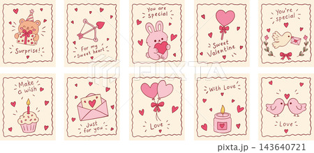 Cute Valentine's Day greeting card vector set with romantic love doodles and lettering phrases Cute Valentine's Day greeting card vector set with romantic love doodles and lettering phrases 143640721