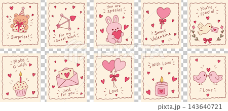 Cute Valentine's Day greeting card vector set with romantic love doodles and lettering phrases Cute Valentine's Day greeting card vector set with romantic love doodles and lettering phrases 143640721