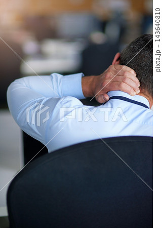 Business man, hand and neck pain in office with accident, stress and injury with back for muscle fatigue. Person, employee and emergency with burnout, tired and massage for relief in workplace Business man, hand and neck pain in office with accident, stress and injury with back for muscle fatigue. Person, employee and emergency with burnout, tired and massage for relief in workplace 143640810