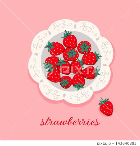 Strawberries on a decorative plate, a cute illustration of berries on a pink background, and an inscription. Strawberries on a decorative plate, a cute illustration of berries on a pink background, and an inscription. 143640883