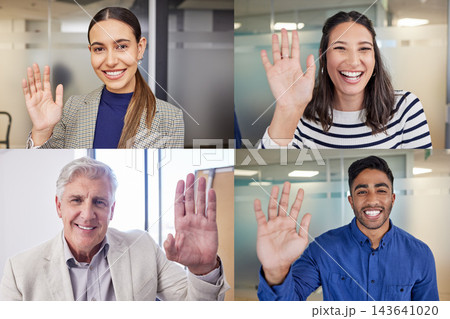 Business, people and greeting screen for virtual meeting with discussion, online briefing and planning on webinar video. Smile, men and woman for web conference, teamwork and talk of project ideas 143641020